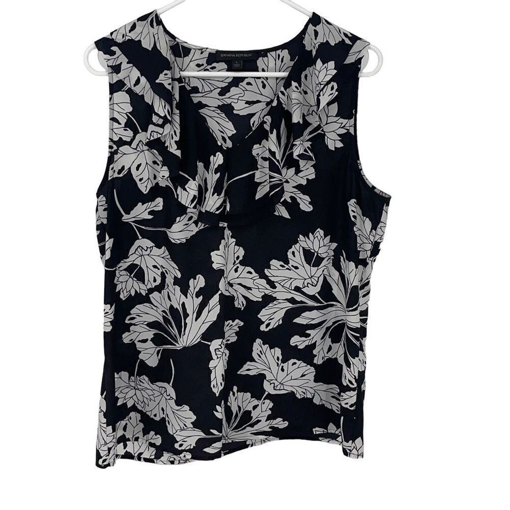 Banana Republic Womens Floral Print Blouse Top Sleeveless Black White Size Large